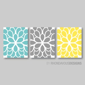 Flower Wall Art Teal Blue Yellow Gray Dahlia Flower Print Trio. Bathroom Art. Bedroom Art. Bath Art. Home Wall Art Bedroom Nursery NS-356 画像 2