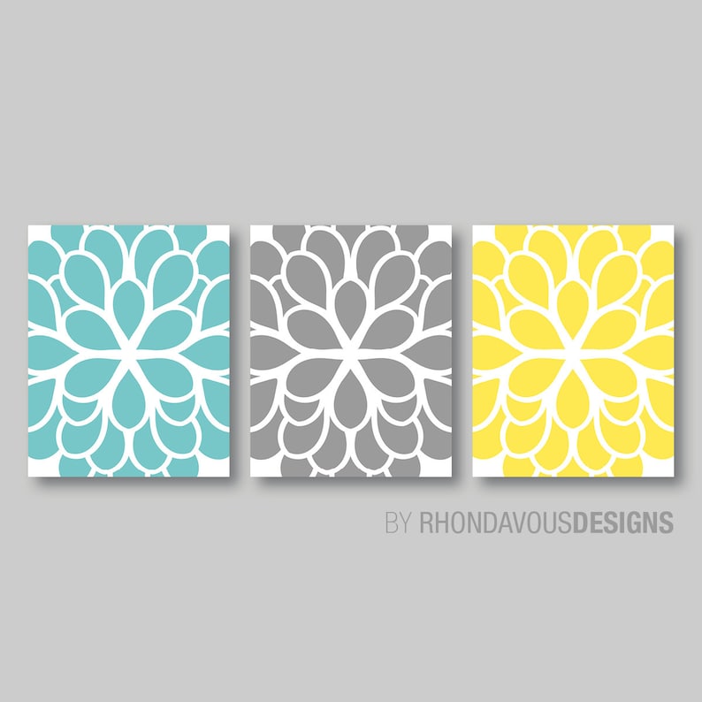 Flower Wall Art Teal Blue Yellow Gray Dahlia Flower Print Trio. Bathroom Art. Bedroom Art. Bath Art. Home Wall Art Bedroom Nursery NS-356 画像 2