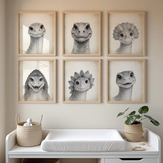 Set of 6 Watercolor Dinosaur Prints, Grayscale Nursery Wall Art, Kids Room Decor