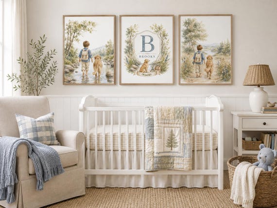 Boy and Dog Nursery Wall Art Set of 3, Personalized Classic Boy Nursery Prints, Vintage Storybook Boyhood Decor