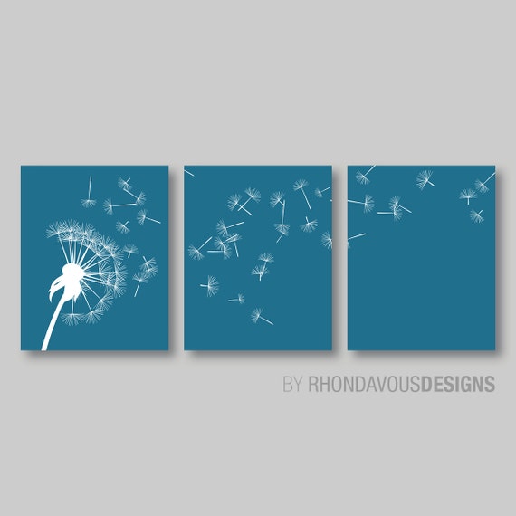 Dandelion in the Wind Print Trio - Jade Blue and White Dandelion. Nursery. Home Decor. Wall Art. Room. Living - You Pick the Size (NS-316)