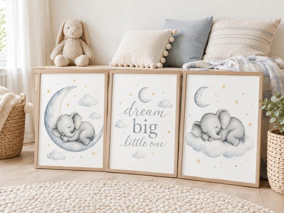 Baby Elephant Nursery Wall Art Set of 3, Moon and Stars Nursery Prints, Dream Big Little One, Blue Gray Baby Boy Room Decor