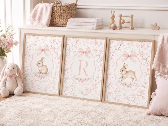 Coquette Bunny Nursery Prints, Cottagecore Personalized Wall Art, Girl Nursery Decor