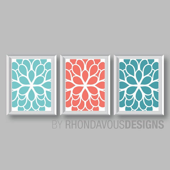 Flower Wall Art. Teal Blue Coral Turquoise Dahlia Flower Print Trio. Bathroom Art. Bedroom Art. Bath Art. Home Wall Art Bedroom NS-691