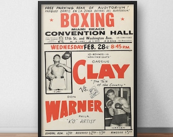 Cassius Clay Aka Ali Vs Warner Vintage Boxing Poster  Famous Boxing Match Bill Ideal For Gyms , Boxing Club , Home Gym