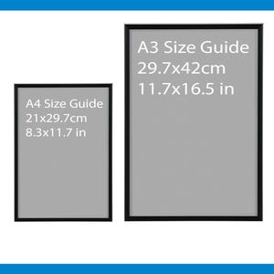K&ouml;nnte beinhalten: Zwei schwarze Bilderrahmen mit wei&szlig;en Hintergr&uuml;nden und Text, der die Gr&ouml;&szlig;e der Rahmen angibt. Der gr&ouml;&szlig;ere Rahmen zeigt "A3 Size Guide 29.7x42cm 11.7x16.5 in". Der kleinere Rahmen zeigt "A4 Size Guide 21x29.7cm 8.3x11.7 in".