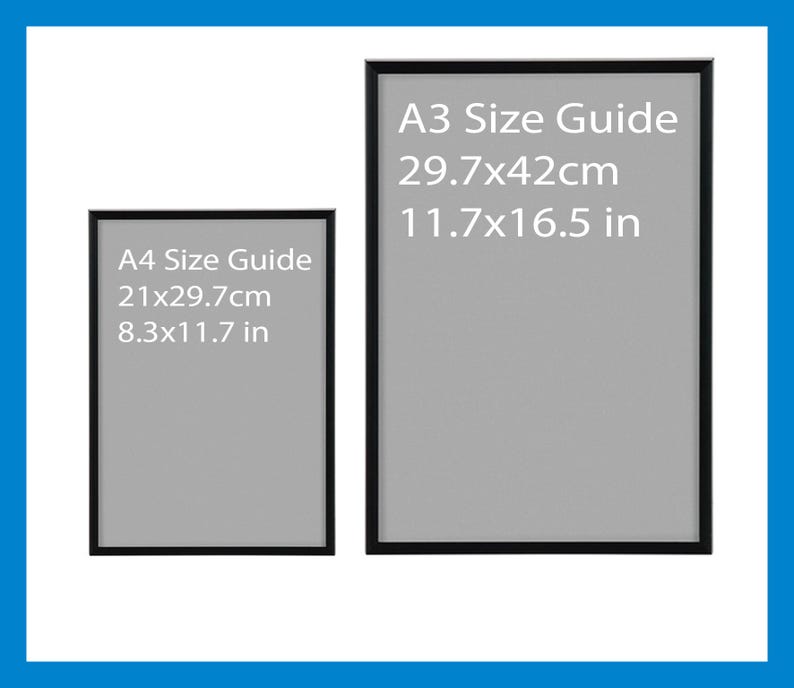 K&ouml;nnte beinhalten: Zwei schwarze Bilderrahmen mit wei&szlig;en Hintergr&uuml;nden und Text, der die Gr&ouml;&szlig;e der Rahmen angibt. Der gr&ouml;&szlig;ere Rahmen zeigt "A3 Size Guide 29.7x42cm 11.7x16.5 in". Der kleinere Rahmen zeigt "A4 Size Guide 21x29.7cm 8.3x11.7 in".