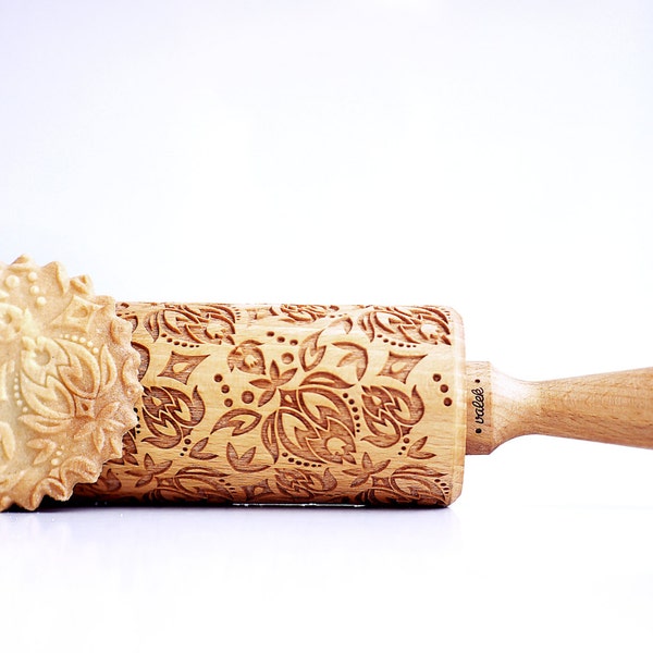 Rolling pin engraved FOLKLOR TULIPS - embossing rolling pin, laser engraved rolling pin. Folklor flower pattern.  Birthday gift