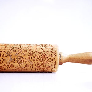 FOLKLORE FLOWERS & ANIMALS embossing rolling pin, laser engraved rolling pin. image 4