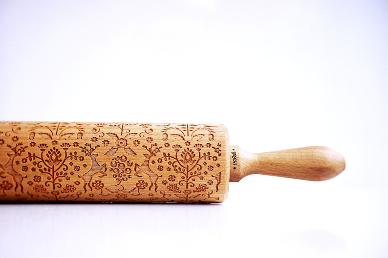 FOLKLORE FLOWERS & ANIMALS embossing rolling pin, laser engraved rolling pin. image 4