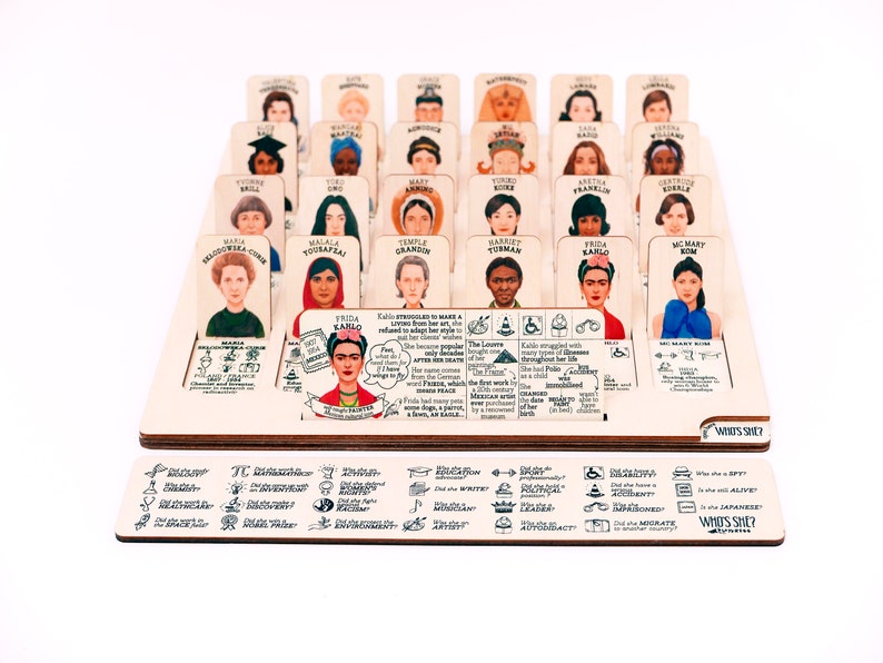 Educational wooden game about women who changed the world Discover herstories by asking questions about their accomplishments, not looks! Perfect gift for science, sport or art lovers!