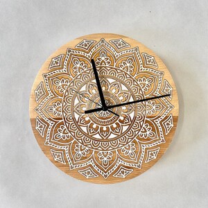 Mandala Wall Clock bohemian engraved filled with epoxy resin solid wood wall clock wedding gift housewarming gift natural wood image 2