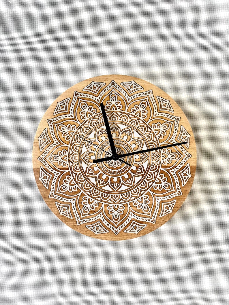 Mandala Wall Clock bohemian engraved filled with epoxy resin solid wood wall clock wedding gift housewarming gift natural wood image 2