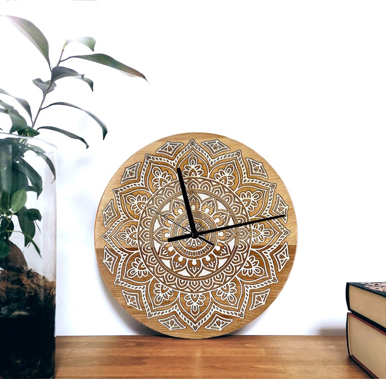 Mandala Wall Clock bohemian engraved filled with epoxy resin solid wood wall clock wedding gift housewarming gift natural wood image 1