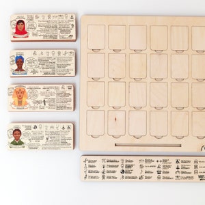 Educational wooden game about women who changed the world. Board game includes:  board - each with 24 illustrations of change-making women, 24 biography cards, legend.