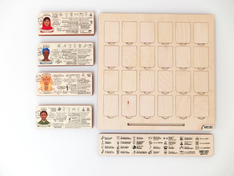 Educational wooden game about women who changed the world. Board game includes:  board - each with 24 illustrations of change-making women, 24 biography cards, legend.