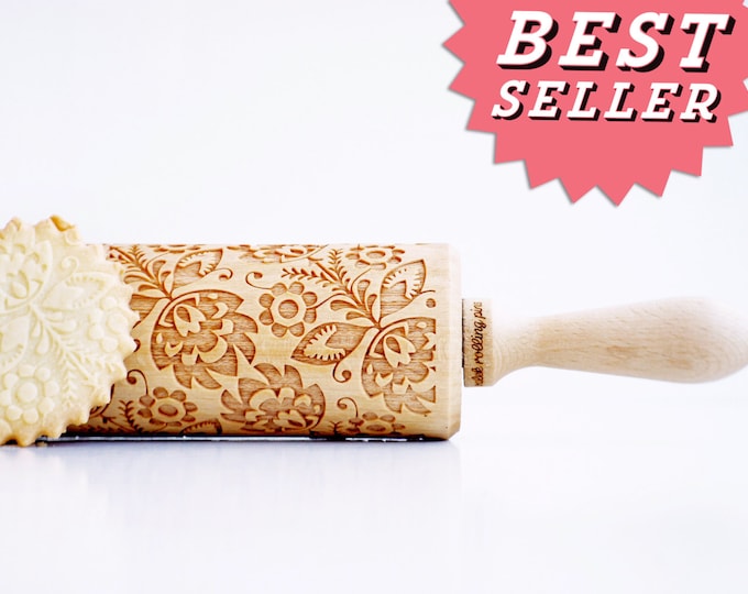Rolling Pin Engraved FOLK Embossing Rolling Pin, Laser Engraved