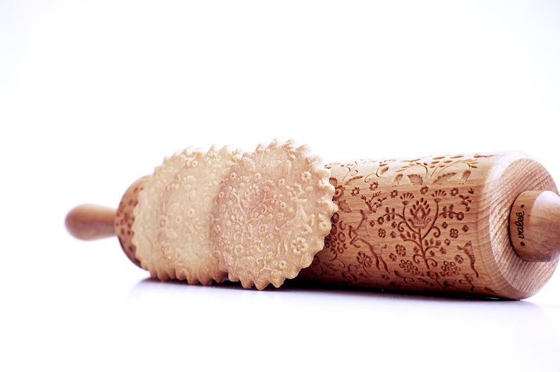FOLKLORE FLOWERS & ANIMALS embossing rolling pin, laser engraved rolling pin. image 3