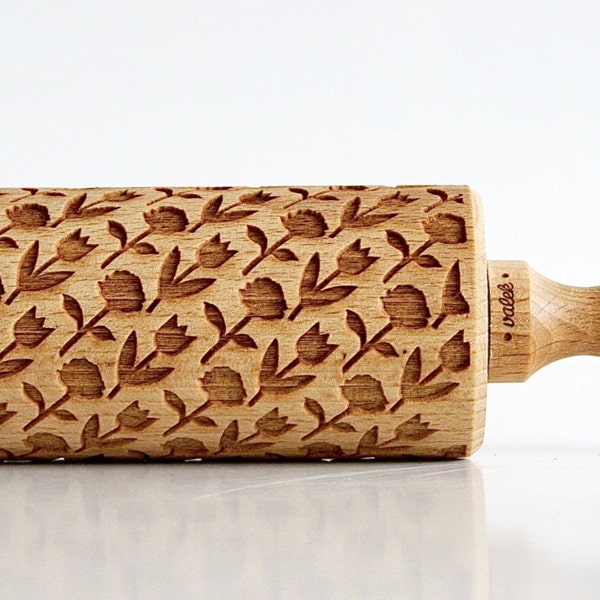 Rolling Pin engraved ROSES & TULIPS  Embossing rolling pin, laser engraved rolling pin Wedding gift flower motive *