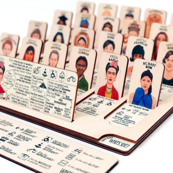 Who's She? wooden board game about amazing women's stories | English Français Español Italiano Deutsch