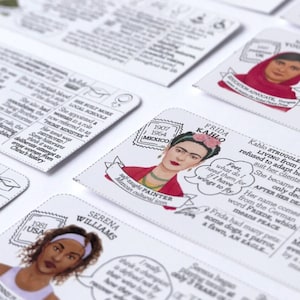 Biography cards of the women included in Who's She game. On the picture: Serena Williams, Frida Kahlo, Malala Yousafzai, Grace Hopper, Wu Zetian.