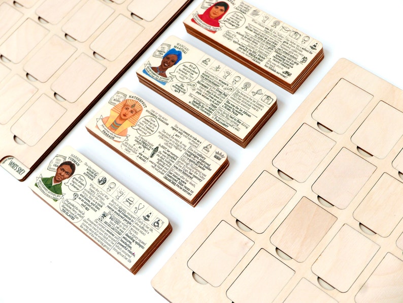 Great women in the picture: Malala Yousafzai, Wangari Maathai, Hatshepsut, Harriet Tubman. Educational wooden game about women who changed the world. Discover herstories by asking questions about their accomplishments, not looks!