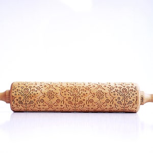 FOLKLORE FLOWERS & ANIMALS embossing rolling pin, laser engraved rolling pin. image 2