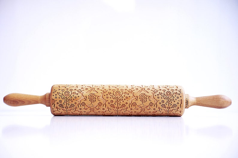 FOLKLORE FLOWERS & ANIMALS embossing rolling pin, laser engraved rolling pin. image 2