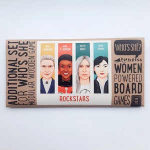 Rockstars - limited expansion to Who&#39;s She board game | Additional set with new stories: Mae C. Jemison, Patti Smith, Inge Lehmann