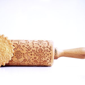 FOLKLORE FLOWERS & ANIMALS embossing rolling pin, laser engraved rolling pin. image 1