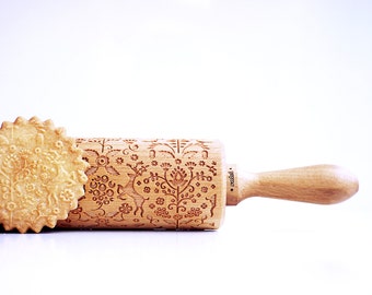 FOLKLORE FLOWERS & ANIMALS embossing rolling pin, laser engraved rolling pin.