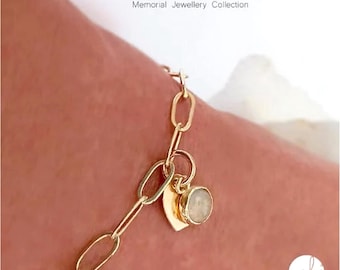 Handmade Memorial Keepsake Bracelet in Sterling Silver or Gold, Link Heart Bracelet with encapsulated Ashes or lock of  Hair, Pet Memorial