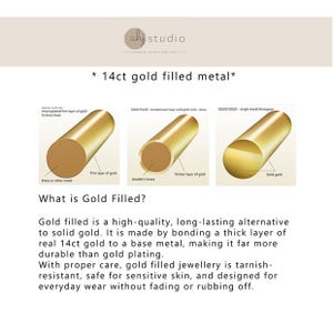 May include: An educational infographic from ahj studio explaining 14ct gold filled metal. It features three cylindrical diagrams comparing gold plated, gold filled, and solid gold structures, alongside text defining gold filled jewelry.