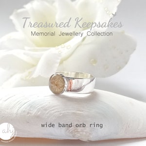 Cremation Keepsake Ring, an artisan memorial ring, Sterling silver, hammered or plain Wide band with stone for pets ashes or lock of hair