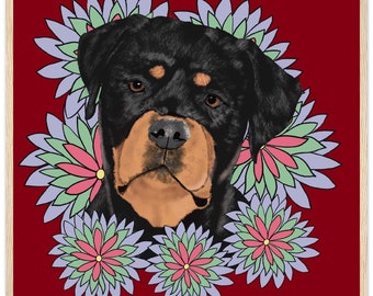 May include: A black and brown Rottweiler dog with a serious expression, surrounded by colorful floral designs on a red background.