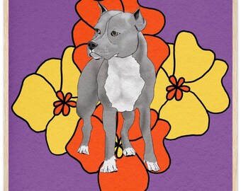 Puede incluir: Un perro pit bull terrier gris se encuentra en el centro de un fondo morado con flores naranjas y amarillas. El perro tiene el pecho blanco y una mancha blanca en la frente.