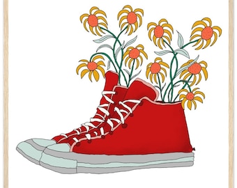 Red Sneaker Pop Art Print – Floral Sneaker Wall Art | Modern Pop Art Poster | Funky Shoe Art for Sneakerheads & Home Décor
