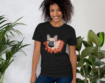 フレンチブルドッグTシャツ、花柄フレンチブルドッグTシャツ、ユニセックス犬好きへのギフト