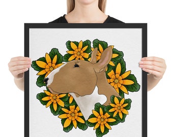 Inramad Bullterrier och Blommor Gouche-målning, Färdig att hänga konsttryck, Bully Love, Bullterrier-konst
