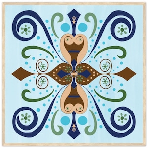 Framed Light Blue Greek Tile Painting, Ready to Hang Greek Art Print, Greek Tile Art Print, Blue tile art print, Tan tile art print
