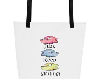 Whimsical Fish Art Tote Bag – Colorful “Just Keep Smiling” Quote