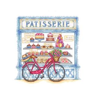 Patisserie Shop Window & Bicycle Downloadable Cross Stitch Pattern image 1