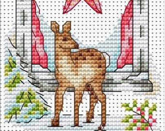 Cross Stitch Christmas Card - Winter Window with Little Deer - PDF Pattern