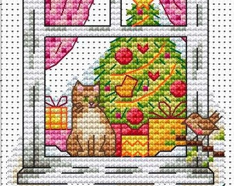 Cross Stitch Christmas Card - Cat in in a Winter Window - PDF Pattern