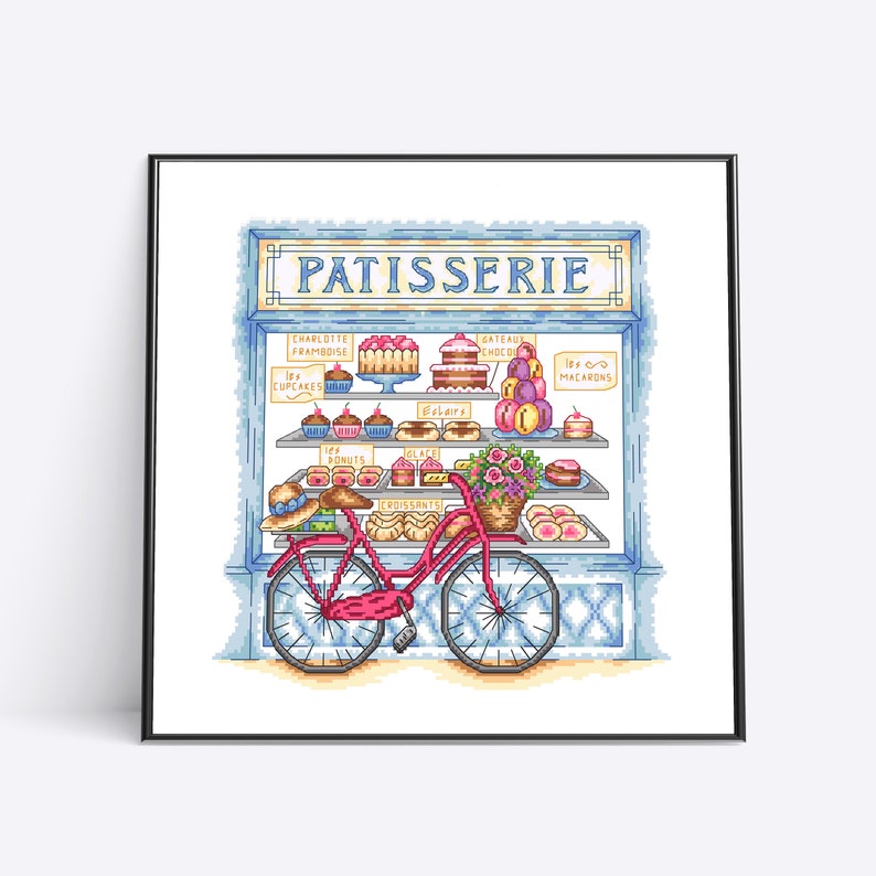 Patisserie Shop Window & Bicycle Downloadable Cross Stitch Pattern image 2