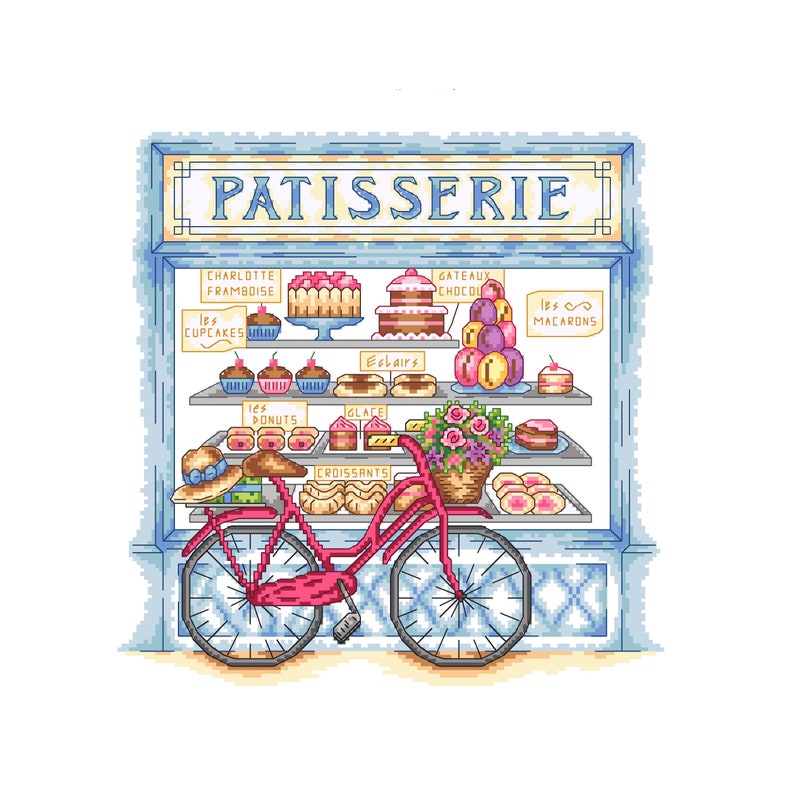 Patisserie Shop Window & Bicycle Downloadable Cross Stitch Pattern image 1