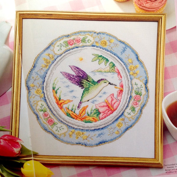 Hummingbird with Decorative Floral Border Cross Stitch Pattern