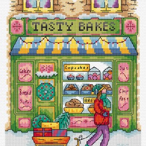 May include: Cross-stitch depiction of a bakery called "TASTY BAKES" with a green facade, selling cakes, bread, and pastries. A person pulls a sled with gifts and a Christmas tree. The scene is set in a snowy environment.