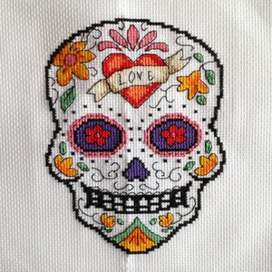 Cross stitch pdf file of Day of the Dead sugar skull Amor. Download available once payment is received. image 2