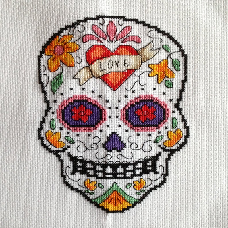 Cross stitch pdf file of Day of the Dead sugar skull Amor. Download available once payment is received. image 2